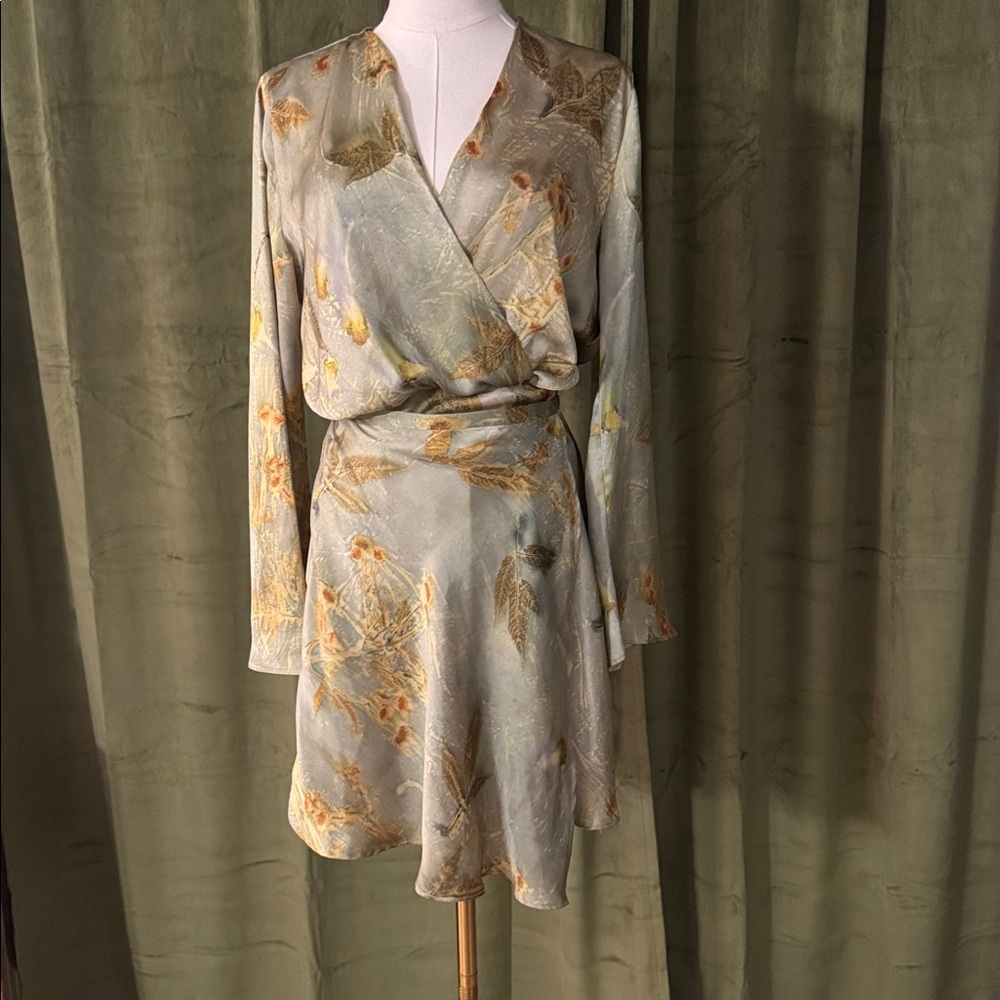 Zara Satin Mini Dress in Sage Green with Gold Floral - Picture 3 of 10
